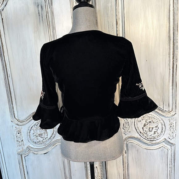 Topshop Gothic Fairycore Victorian Edwardian Black Velvet Embroidered Wrap Top - Picture 9 of 12